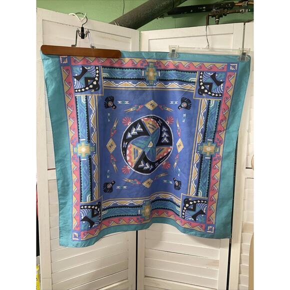 Vintage Wamcraft Teal Southwest Native American 32” Square Bandana Made In USA - Picture 1 of 9